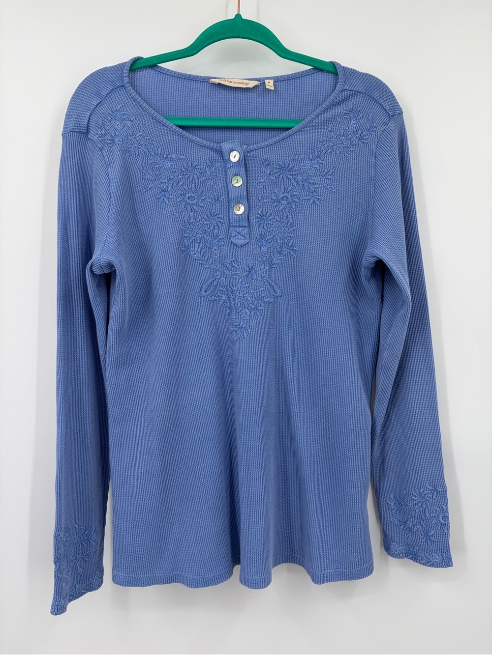 Soft Surroundings Blue Embroidered Henley Long-Sleeve Top